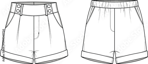 Cad drawing flat vector illustration of high waisted shorts with button details technical fashion sketch for apparel design and tech packs.