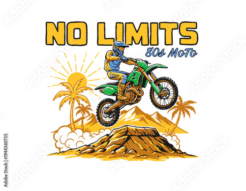 Motocross racing design for apparel. Vintage 80s moto graphic print. Extreme sport adventure artwork. Desert landscape with palm trees. No limits jump