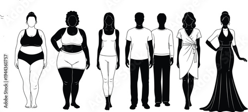 Diverse Group of People Silhouettes with Different Body Types and Fashion Styles Including Plus Size Athletic Casual and Formal Wear