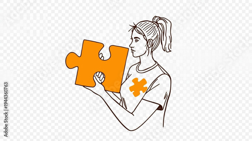 A woman with a high ponytail holds an orange puzzle piece that matches the emblem on her shirt.