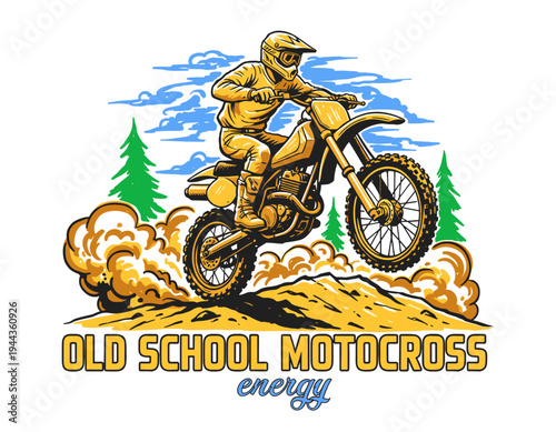 Motocross racing artwork for t-shirt. Old school dirt bike design. Extreme sport graphic print. Off road adventure poster design. Motorcycle competiti