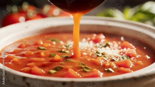 Tomato soup poured from ladle into bowl culinary still life preparation
