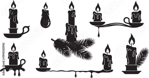 Black and white candle illustrations with festive holiday ambiance