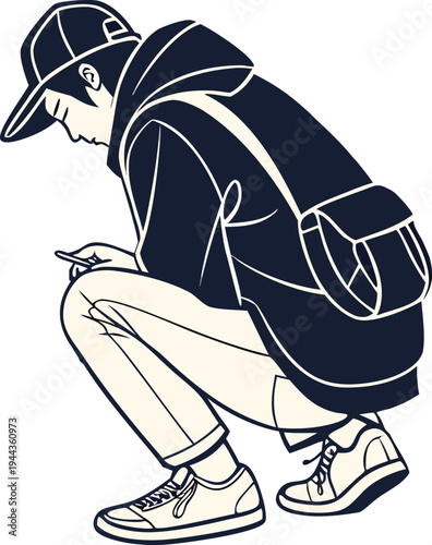 Minimalist vector illustration of a young man in a hoodie crouching while using his smartphone, featuring clean lines and a modern urban graphic style.