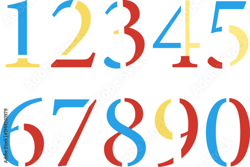 set of numbers 0-9 with cut style and color light blue, light yellow, red with white background. Set of numbers 0–9 isolated on background, clean and versatile numeric collection. 