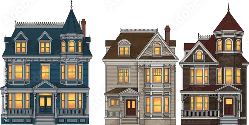 Detailed Illustration of Three Victorian Style Houses with Ornate Architecture Turrets and Bay Windows Featuring Warm Glowing Interior Lights