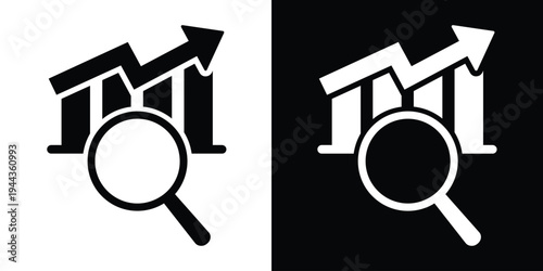 Minimalist icon featuring a magnifying glass focusing on a bar graph. Symbolizes data research, market analysis, financial audit, and detailed business inspection.