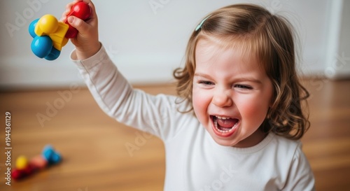 Caucasian toddler girl screaming in a tantrum, holding a colorful toy, expression of anger and frustration