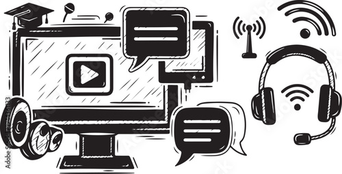 Online Education Illustration with Computer and Headset Icons