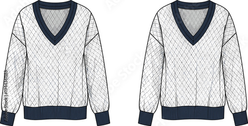 WebSet of Women's V-Neck Diamond Quilted Sweaters with Ribbed Trims Featuring Oversized Silhouette CAD Drawing Flat Vector Illustration