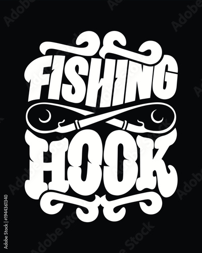 Fishing hook shown in stylized lettering over black background creates a striking visual