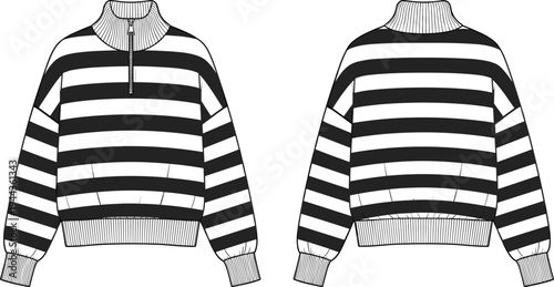 Striped half-zip sweater fashion cad drawing flat vector illustration front and back view technical sketch for apparel design and production.