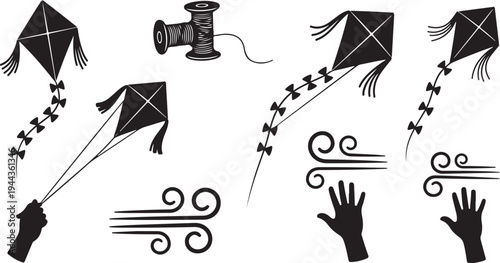 Black and white kites flying high in the sky