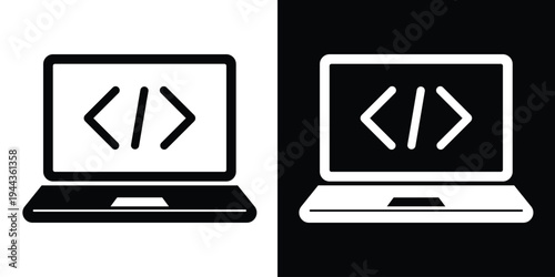 Computer monitor icon displaying HTML coding brackets and a slash. Concept for web development, software engineering, programming, and digital technology services.