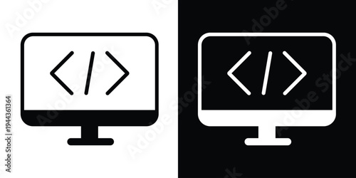 Computer monitor icon displaying HTML coding brackets and a slash. Concept for web development, software engineering, programming, and digital technology services.