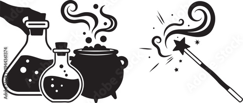 Magical potion making with cauldron and wand illustration