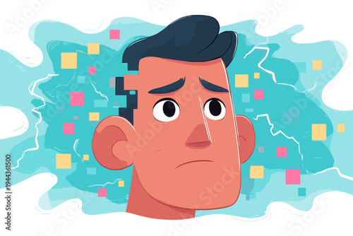 Human Portrait Formed from Fractured Glowing Digital Pixel Blocks