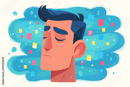 Human Portrait Formed from Fractured Glowing Digital Pixel Blocks