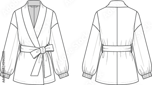Women Belted Wrap Jacket Technical Flat Sketch Vector Illustration Front and Back View Shawl Collar Robe Coat CAD Fashion Template