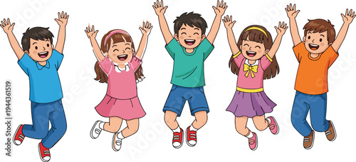 Five Happy Diverse Cartoon Children Jumping Joyfully with Arms Up Excitement for Back to School Summer Camp Fun and Childhood Celebration