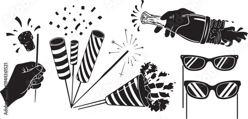 Party accessories and props in black and white illustration