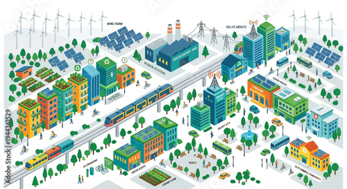 Illustrative depiction of a sustainable smart city with renewable energy sources