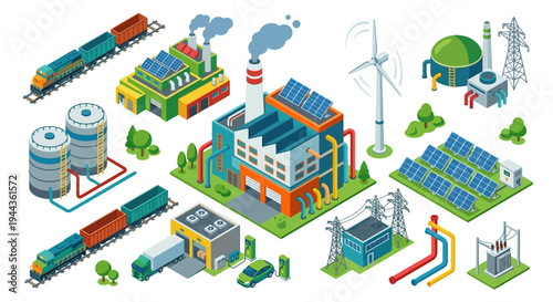 Isometric illustration of diverse energy production and industrial facilities