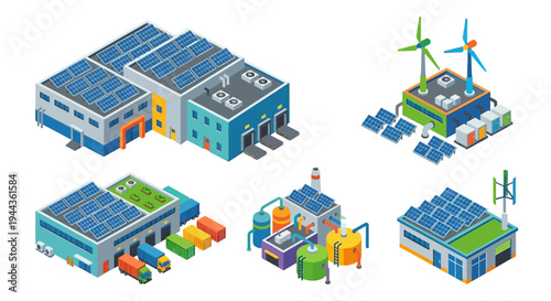 Isometric illustration of a sustainable industrial complex with renewable energy sources