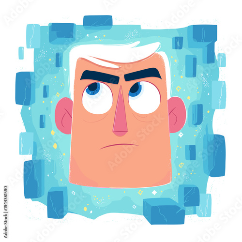 Human Portrait Formed from Fractured Glowing Digital Pixel Blocks