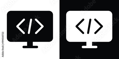 Computer monitor icon displaying HTML coding brackets and a slash. Concept for web development, software engineering, programming, and digital technology services.