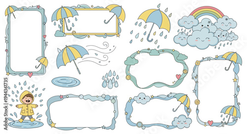 Cute cartoon frames with rain, umbrellas, clouds, rainbow and happy child