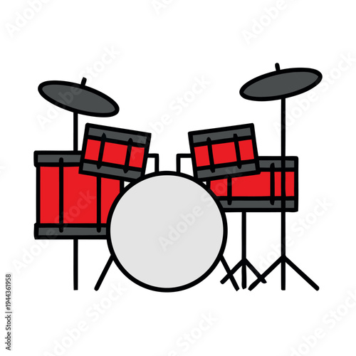 Vibrant red drum set illustration with bass drum and cymbals. Clean cartoon style musical instrument icon isolated on white background.