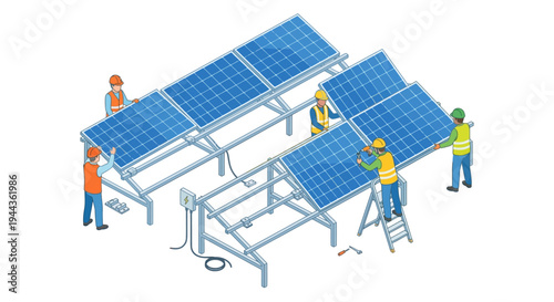 Workers installing and maintaining a rooftop solar panel array system