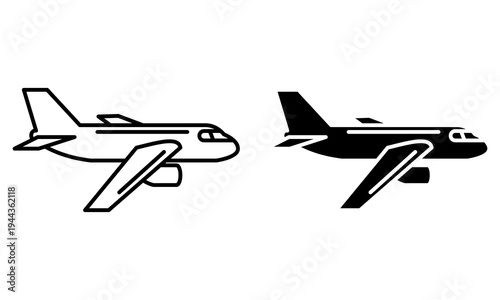 Vector airplane icon set with outline and solid styles; adaptable for digital design