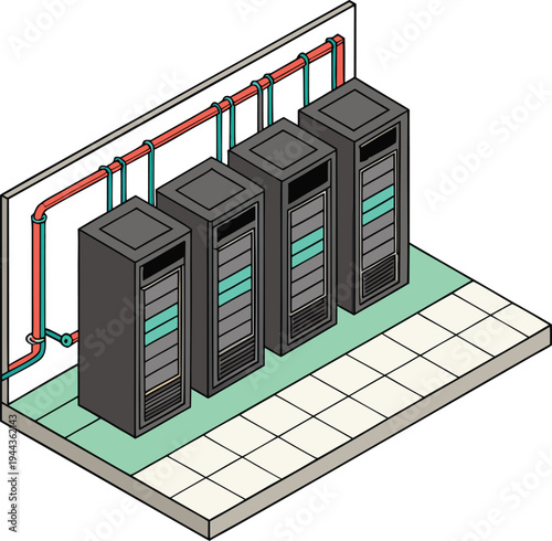 Server racks in a data center room with cooling pipes and tiled floor shown in a modern isometric vector illustration for technology.
