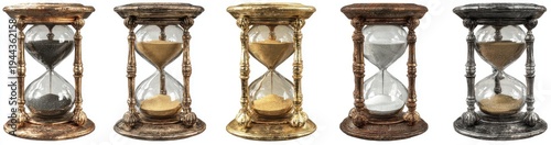 Five antique hourglasses with different colored sand and aged metal frames