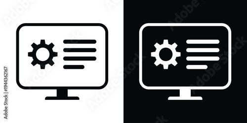 Vector icon of a computer screen showing a gear symbol and text lines. Represents system settings, technical support, software configuration, and management interface.