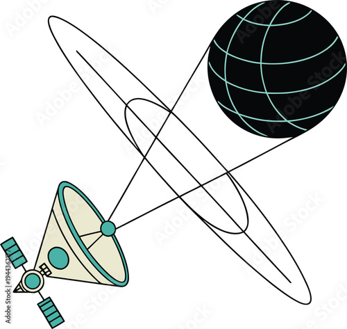 Communication satellite vector illustration transmitting data signals to Earth globe in a minimalist line art style for global connectivity and telecommunication concepts.