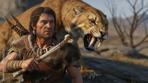 Prehistoric man with bone club and saber-toothed cat (Smilodon) in the background, epic scene
