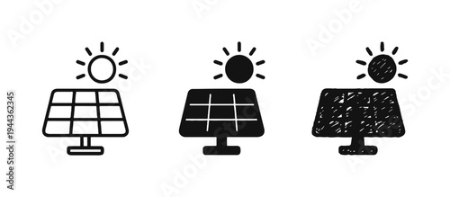 Solar Panel with Sun Icons Set - Outline, Filled, and Hand-Drawn Styles for Renewable Energy