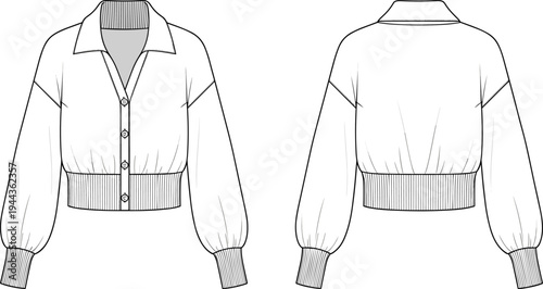 Women's Cropped Cardigan Sweater Technical Flat Sketch Vector Illustration Front and Back View CAD Drawing Template for Apparel Design Fashion Mockup