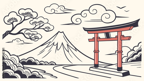 Japanese landscape vector illustration featuring a traditional red torii gate and Mount Fuji with stylized pine trees and clouds in a minimalist style