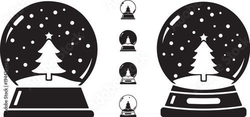 Black and white snow globe Christmas tree decorations icons