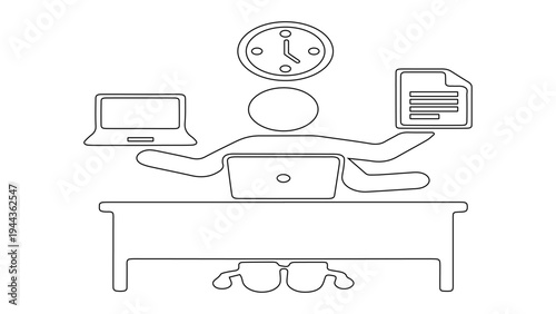 Concept of multitasking office worker with multiple arms managing laptop, documents, and time deadlines.