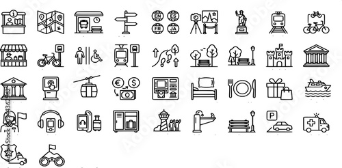 iconsheet of travel and tourism icons showcasing landmarks, transport hubs, information desks, and essential tourist services.