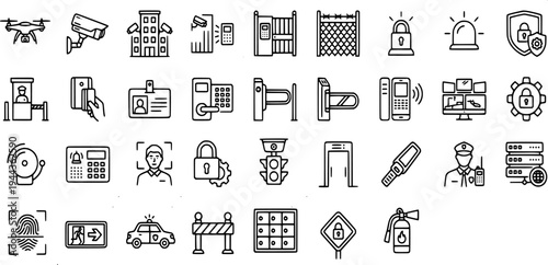 iconsheet of security systems and safety equipment featuring surveillance cameras, electronic locks, alarms, and access control.