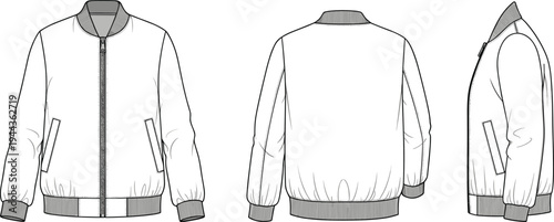 Bomber jacket technical fashion sketch flat vector illustration with front back and side views for apparel design and tech pack