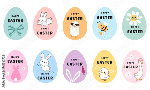 Easter egg sign tag collection with bunny, bee, chick , goose and hand written fonts illustrations.