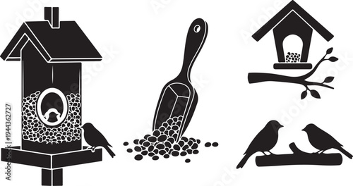 Bird Feeder and Birds Silhouette Illustration Set with Shovel