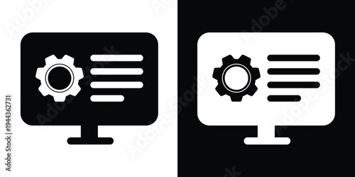 Vector icon of a computer screen showing a gear symbol and text lines. Represents system settings, technical support, software configuration, and management interface.